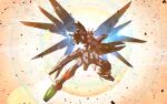  aiming beam_rifle debris energy_gun freedom_gundam full_body glowing glowing_eyes gundam gundam_seed highres kuri_giepi lens_flare mecha mechanical_wings no_humans shield v-fin weapon wings yellow_eyes 