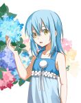  1girl bangs blue_dress blue_flower blue_hair collarbone dress eyebrows_visible_through_hair flower hair_between_eyes highres long_hair open_mouth pink_flower ribbon rimuru_tempest shoura sleeveless sleeveless_dress solo straight_hair sundress tensei_shitara_slime_datta_ken upper_body white_background white_ribbon yellow_eyes yellow_flower 