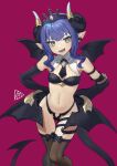  1girl absurdres aqua_eyes asymmetrical_sleeves bandeau black_panties blue_hair blush breasts crown curled_horns demon_girl demon_horns demon_tail demon_wings earrings elbow_gloves gloves highres horns jewelry looking_at_viewer magenta_background medium_hair navel open_mouth original panties pink_pupils pointy_ears redauto simple_background single_earring small_breasts smile solo tail thigh_bow thigh_gap thighhighs underwear wings 