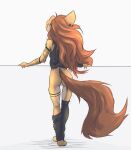  anthro apogee_(tinygaypirate) arm_support arm_tuft arm_warmers armwear black_pawpads bottomless brown_body brown_fur brown_hair butt canid canine canis clothed clothing cowlick domestic_dog ear_piercing elbow_tuft featureless_crotch female floppy_ears fur gauged_ear hair hi_res hip_tuft leg_warmers legwear long_hair long_tail mammal markings mottled mottled_pawpads no_underwear pawpads piercing pink_pawpads shirt slim solo spitz standing tank_top tinygaypirate topwear tuft 
