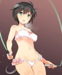 1girl bare_shoulders black_hair blush bow bra breasts breath covered_nipples frills green_eyes heavy_breathing holding jump_rope looking_at_viewer luciana_mazzei medium_breasts navel open_mouth paid_reward_available panties revision shimada_fumikane short_hair sketch solo strike_witches sweat tail underboob underwear underwear_only white_bra white_panties world_witches_series 