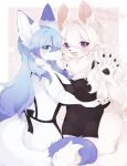  2girls animal_ear_fluff animal_ears apron ass black_apron blue_eyes blue_hair breast_press breasts cleavage face-to-face fang fox_ears fox_girl fox_tail furry furry_female highres hoshimiii_mi intertwined_tails long_hair looking_at_viewer multiple_girls naked_apron open_mouth original pink_eyes smile symmetrical_docking tail waving white_hair yuri 