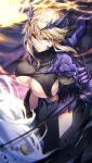  1girl arm_up artoria_pendragon_(fate) artoria_pendragon_(lancer_alter)_(fate) blonde_hair braid breasts cape cleavage commission fate/grand_order fate_(series) french_braid herigaru_(fvgyvr000) highres horns horseback_riding llamrei_(fate) looking_at_viewer rhongomyniad_(fate) riding skeb_commission stomach underboob weapon yellow_eyes 