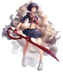  1girl asymmetrical_gloves bare_legs black_eyes black_hair black_sailor_collar black_serafuku black_shirt black_skirt collared_shirt full_body gloves highres holding holding_sword holding_weapon inkrua kill_la_kill matoi_ryuuko midriff miniskirt multicolored_hair navel neckerchief pleated_skirt purple_hair red_gloves red_neckerchief sailor_collar sailor_shirt school_uniform scissor_blade senketsu serafuku shiny shiny_hair shirt short_hair single_glove skirt smile solo standing stomach suspender_skirt suspenders sword weapon white_background white_footwear 