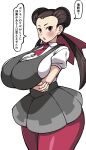  1girl alternate_breast_size breasts brown_hair collared_shirt dress grey_dress highres huge_breasts komusou_(jinrikisha) long_hair pantyhose pokemon pokemon_(game) pokemon_rse red_eyes roxanne_(pokemon) shirt solo thighhighs thighs translation_request twintails white_shirt 