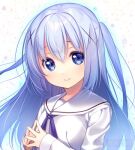  1girl blue_eyes blue_hair commentary_request gochuumon_wa_usagi_desu_ka? hair_ornament hairclip kafuu_chino long_hair long_sleeves looking_at_viewer lowres own_hands_together sailor_collar shirt smile solo two_side_up upper_body usume_shirou white_shirt 