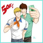  2boys aqua_border bangs bara blonde_hair border brown_hair brown_pants facial_hair fred_jones green_shirt grey_pants highres holding holding_phone jonsfw1 looking_at_phone male_focus multiple_boys muscular muscular_male pants phone scooby-doo selfie shaggy_rogers shirt simple_background smile stubble v white_shirt 