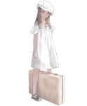  1girl absurdres cabbie_hat dress expressionless full_body grey_eyes hat highres light_brown_hair long_hair mocha_(snowflake) off_shoulder original sandals single_bare_shoulder solo standing suitcase white_dress white_headwear 