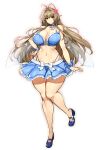 1girl absurdres amagi_brilliant_park antenna_hair blue_footwear blue_skirt blush bow bracelet breasts brown_eyes brown_hair cleavage covered_nipples fairy full_body gurimjang hair_between_eyes hair_intakes hand_on_hip highres huge_breasts jewelry knees_together_feet_apart long_hair miniskirt navel revealing_clothes sento_isuzu simple_background skindentation skirt solo white_background 