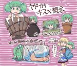  2girls arm_warmers backpack bag bangs blonde_hair bottle bucket cauldron green_eyes green_hair hair_bobbles hair_ornament in_bottle in_cauldron in_container in_pot jiru_(jirufun) kisume looking_at_viewer mizuhashi_parsee multiple_girls open_mouth pointy_ears pot purple_background short_hair short_sleeves touhou two_side_up wooden_bucket 