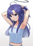  1girl ahoge armpits arms_behind_head arms_up azu_(azusayumix) bangs bare_arms bare_shoulders blue_archive blue_camisole blue_eyes blue_hair breasts camisole cleavage closed_mouth collarbone commentary_request gradient gradient_background grey_background hair_between_eyes hair_tie hair_tie_in_mouth halo long_hair looking_away mouth_hold navel parted_bangs ponytail sidelocks small_breasts solo tying_hair upper_body very_long_hair white_background yuuka_(blue_archive) 