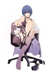  1girl absurdres bangs barefoot black_hair blush breasts choker cleavage collar highres igusaharu jewelry labcoat looking_at_viewer nail_polish necklace persona persona_5 red_eyes short_hair simple_background sitting smile solo takemi_tae 