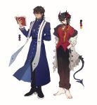  2boys absurdres arm_behind_back barefoot black_footwear black_hair black_pants book brown_hair brown_pants character_request check_character collar color_guide cosplay_request cross cross_necklace demon_tail gradient_horns hands_in_pockets highres horns jewelry long_sleeves madarame_kei male_focus multicolored_horns multiple_boys necklace necktie nocolour open_book pants pointy_ears red_horns red_shirt shirt slow_damage standing tail tan towa_(slow_damage) yellow_necktie 