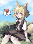  1girl ? animal_ears asymmetrical_hair bangs black_necktie blonde_hair blue_sky blush brown_skirt brown_vest cloud collared_shirt commentary_request cookie_(touhou) day eyebrows_visible_through_hair fang feet_out_of_frame fox_ears fox_girl fox_tail grass hair_between_eyes highres looking_at_viewer medium_hair miramikaru_riran necktie open_mouth outdoors red_eyes shimosuke shirt short_sleeves sidelocks sitting skirt sky solo spoken_question_mark tail vest white_shirt 