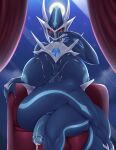  anthro anthrofied blue_body blush bodily_fluids breasts claws crossed_legs cum cum_on_breasts cum_on_penis dialga front_view genital_fluids genitals hi_res legendary_pok&eacute;mon mleonheart nintendo nipples nude penis pok&eacute;mon pok&eacute;mon_(species) red_eyes sitting solo video_games 