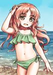  1girl arimura_yuu arm_up armpits beach bikini brown_eyes brown_hair cloud eyebrows_visible_through_hair green_bikini hand_on_own_head highres kantai_collection long_hair looking_at_viewer navel ocean open_mouth outdoors side-tie_bikini sky smile solo swimsuit thighs yashiro_(kancolle) 