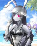  3girls :3 :d animal_ears bangs beach bikini black_bikini blue_sky blue_swimsuit breasts closed_mouth cloud colored_skin commentary_request cookie_(touhou) day expressionless eyebrows_visible_through_hair eyes_visible_through_hair fake_hisui_(cookie) grey_hair grey_jacket grey_skin hair_between_eyes highres hisui_(cookie) horizon jacket long_hair looking_at_another looking_at_viewer medium_breasts metal_hisui_(cookie) metal_skin multiple_girls navel ocean off_shoulder one_eye_closed outdoors palm_tree purple_hair rabbit_ears red_eyes reisen_udongein_inaba school_swimsuit shimosuke short_hair sky smile solid_circle_eyes solo_focus splashing swept_bangs swimsuit touhou tree upper_body water 