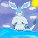  anthro blush clothed clothing cloud covering covering_breasts eeveelution eyes_closed female female/female feral glaceon hi_res miyang_draws! nintendo panties panties_only partially_submerged pok&eacute;mon pok&eacute;mon_(species) solo sunny topless underwear underwear_only video_games water 