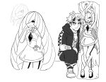  1boy 1girl angry blush body_pillow diamond_(shape) dress eyewear_on_head gem guzma_(pokemon) hand_on_hip high_heels holding holding_pillow inset jewelry long_hair looking_at_viewer lusamine_(pokemon) monochrome necklace nihilego pillow pokemon pokemon_(creature) pokemon_(game) pokemon_sm rnehrdyd1212 sexually_suggestive single_tear sitting smile sunglasses teeth tentacle_grab tentacles ultra_beast very_long_hair white_background 