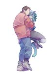  2018 anthro biped blue_bottomwear blue_clothing blue_pants bottomwear brown_hair carrying clothed clothing digital_media_(artwork) domestic_cat duo felid feline felis female footwear full-length_portrait fully_clothed fur green_body green_fur green_tail hair human kemono male mammal monotone_body monotone_fur monotone_hair monotone_skin monotone_tail pants plantigrade portrait shoes short_hair simple_background tan_body tan_skin teal_body teal_hair teteteko white_background 