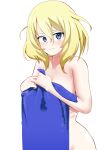  1girl absurdres bangs blonde_hair blue_eyes blush closed_mouth commentary covering frown girls_und_panzer highres holding holding_towel looking_at_viewer medium_hair messy_hair nude oshida_(girls_und_panzer) shita_(yagisauce_07) simple_background solo standing sweatdrop towel white_background 