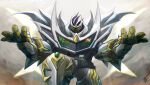  1boy arceus energy_wings fusion god_maximum_gamer_level_billion green_eyes highres kamen_rider kamen_rider_ex-aid_(series) kamen_rider_genm multicolored_eyes outstretched_arms pokemon pokemon_(creature) pokemon_(game) pokemon_legends:_arceus power_armor red_eyes signature zagizagi 