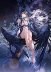  1girl arm_up artist_name atdan bangs bare_legs bare_shoulders barefoot bird black_hair blue_dress blue_eyes blue_hair breasts breasts_apart crow dress eyebrows_visible_through_hair feathered_wings feet full_body highres in_tree large_breasts long_hair looking_at_viewer multicolored_hair original parted_lips revision sitting sitting_in_tree soles solo streaked_hair toes tree very_long_hair wings 