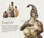  anthro beak big_breasts breast_squeeze breasts dinosaur female hadrosaurid hi_res horn nipples nude ornithischian pangaea_(upai) parasaurolophus reptile scalie solo text upai 