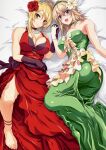  2girls angelica_rafa_redgrave bangs bare_shoulders barefoot black_gloves blonde_hair blue_eyes blush breasts cleavage dress eyebrows_visible_through_hair flower furrowed_brow gloves green_dress green_hairband hair_between_eyes hair_bun hair_flower hair_ornament hairband highres holding_hands jewelry large_breasts looking_at_viewer multiple_girls necklace nolia olivia_(mobseka) open_mouth otome_gee_sekai_wa_mob_ni_kibishii_sekai_desu pearl_necklace red_dress red_eyes rose short_hair_with_long_locks smile yellow_gloves 