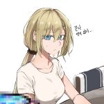  1girl bangs blonde_hair blue_eyes braid breasts censored censored_food closed_mouth collarbone eyebrows_visible_through_hair g36_(girls&#039;_frontline) girls&#039;_frontline highres korean_text long_hair looking_at_viewer medium_breasts mmm_(ji1945) shirt solo sweatdrop symbol-only_commentary translation_request upper_body white_background white_shirt 