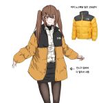  1girl alternate_costume bangs black_legwear black_skirt brown_eyes brown_hair closed_mouth eyebrows_visible_through_hair feet_out_of_frame girls&#039;_frontline hair_ornament hairclip highres jacket korean_text long_hair looking_at_viewer mmm_(ji1945) open_clothes open_jacket pantyhose shirt skirt smile solo standing symbol-only_commentary the_north_face translation_request twintails ump9_(girls&#039;_frontline) white_background white_shirt yellow_jacket 