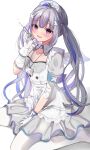  1girl :d amane_kanata angel angel_wings apron bandaged_arm bandages between_legs blue_hair blush detached_collar eyebrows_visible_through_hair gloves grey_hair hair_ornament hairclip hand_between_legs hat highres holding holding_syringe hololive long_hair looking_at_viewer nurse nurse_cap official_alternate_costume open_mouth pantyhose pink_hair pokeeeo_o puffy_short_sleeves puffy_sleeves purple_eyes short_sleeves single_hair_intake sitting smile solo syringe twintails virtual_youtuber wariza white_apron white_gloves white_legwear wing_collar wings 
