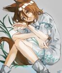  1girl animal_ears breasts brown_eyes brown_hair brown_tail commentary_request corked_bottle foot_out_of_frame fox_ears fox_girl fox_tail grass green_ribbon grey_background highres holding holding_test_tube kudamaki_tsukasa mandarin_collar nanataru10 ribbon romper short_hair short_sleeves simple_background sitting small_breasts socks solo tail test_tube touhou white_legwear white_romper 