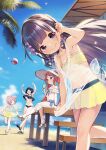  4girls adjusting_hair animal_ears ball barefoot beach beachball bikini bikini_skirt black_hair blue_eyes blue_sky blush bow breasts cloud cup day drinking_glass eyebrows_visible_through_hair flat_chest frilled_bikini frills grey_hair hair_bow hair_ornament hairclip hat henreader high_heels highres innertube komori_sana kyou_kara_ore_wa_loli_no_himo! long_hair looking_at_viewer multiple_girls navel nijou_touka non-web_source ocean one-piece_swimsuit orange_hair outdoors palm_tree sandals see-through short_hair sitting skirt sky smile sonohara_maya strapless summer sun_hat swimsuit tanzawa_chizuru tree tube_top twintails underboob water white_swimsuit 