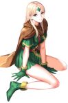  1girl arm_support bangs belt between_breasts between_legs breasts brown_cape cape closed_mouth dress dungeons_&amp;_dragons:_shadow_over_mystara dungeons_and_dragons elf forehead_jewel full_body gloves green_dress green_eyes green_gloves green_tunic highres long_hair looking_at_viewer lucia_(d&amp;d) medium_breasts parted_bangs pointy_ears short_sleeves sidelocks simple_background sitting smile solo strap_between_breasts sword tetsu_(kimuchi) wariza weapon white_background 