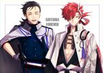  2boys ^_^ ^o^ abs absurdres background_text bangs black_hair closed_eyes closed_mouth commentary_request earrings eyebrow_cut fate/grand_order fate_(series) gloves hair_over_one_eye hair_strand hand_on_hilt highres jacket jacket_on_shoulders japanese_clothes jewelry katana long_hair long_sleeves looking_at_viewer male_focus multicolored_hair multiple_boys open_mouth pectoral_cleavage pectorals ponytail red_eyes red_hair sakamoto_ryouma_(fate) sakamoto_ryouma_(lancer)_(fate) simple_background smile streaked_hair sword takasugi_shinsaku_(fate) teeth tei4_en9 toned toned_male underpec upper_body weapon white_gloves white_hair white_jacket 
