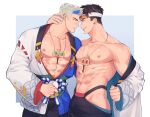  2boys abs bara bare_pectorals belt biceps black_hair brothers clothes_removed ear_piercing earrings grancy_(gyee) gyee headband highres hirusuhi hug japanese_clothes jewelry key kimono large_pectorals long_sleeves looking_at_another male_focus multiple_boys muscular muscular_male navel necklace nipples pants pectorals piercing siblings spiked_hair sven_(gyee) twins white_hair yukata 