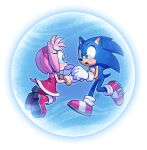  1boy 1girl absurdres amy_rose artist_name blue_fur blush boots bracelet bubble diadem dress evan_stanley floating gloves green_eyes highres holding_hands jewelry looking_at_another open_mouth pink_fur pointy_nose shoes sleeveless sonic_(series) sonic_the_hedgehog sweatdrop teeth topless_male 