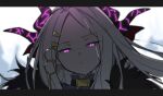  1girl absurdres backlighting blue_archive blue_jacket blurry closed_mouth depth_of_field frown glaring grey_hair hair_ornament hairclip high_collar highres hina_(blue_archive) horns jacket laika_(sputnik2nd) letterboxed long_hair multiple_horns portrait purple_eyes solo 