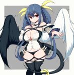  1girl absurdres asymmetrical_wings bangs bare_shoulders belt black_legwear black_panties blue_hair blush border breasts choker cleavage clothing_cutout dizzy_(guilty_gear) eyebrows_visible_through_hair grey_background guilty_gear guilty_gear_xrd hair_between_eyes hair_ribbon hand_on_own_chest highres huge_breasts legs_together outstretched_arm panties plump red_eyes ribbon sawati simple_background skindentation solo tail tail_ornament tail_ribbon thick_thighs thighhighs thighs underwear white_border wings yellow_ribbon 