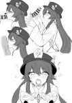  1boy 1girl absurdres bangs bar_censor blush censored cum cum_in_mouth cupping_hands fellatio flower flower-shaped_pupils genshin_impact greyscale hair_between_eyes hako_reeema hat hat_flower heart highres hu_tao_(genshin_impact) long_hair long_sleeves monochrome multiple_views open_mouth oral parted_lips penis simple_background sweat symbol-shaped_pupils wide_sleeves 