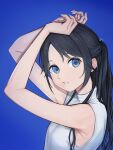  1girl absurdres armpits arms_up bangs black_hair blue_background blue_eyes breasts hair_ornament highres idolmaster idolmaster_shiny_colors long_hair mitsumine_yuika nail_polish open_mouth parted_bangs ponytail shirt short_sleeves sjuno small_breasts solo turtleneck white_shirt 