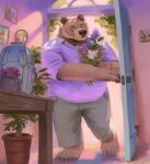  2022 anthro belly big_belly bottomwear brown_body brown_fur cariboops clothing detailed_background eyes_closed eyewear flower fur glasses hi_res humanoid_hands inside male mammal overweight overweight_male pants plant shirt solo topwear ursid 