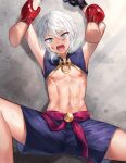  2boys armpits arms_up blue_eyes blue_shorts boxing_gloves chan100577 crop_top disembodied_limb english_commentary eyelashes fate/grand_order fate_(series) from_above grey_hair hair_between_eyes highres looking_at_viewer lying medium_hair multiple_boys nipple_slip nipples on_back open_mouth otoko_no_ko out_of_frame prince_of_lan_ling_(fate) shiny shiny_hair shiny_skin shorts sidelocks spread_legs sweat teeth thighs toned toned_male tongue 