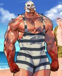  2boys abs bara bare_pectorals beach biceps blood blood_on_face clenched_hands cloud cloudy_sky day dead_by_daylight evan_macmillan highres jang_ju_hyeon large_pectorals looking_at_viewer male_focus male_swimwear mask multiple_boys muscular muscular_male ocean pectorals sand scar scar_on_arm scar_on_chest scar_on_face skull skull_mask sky smirk spikes thick_arms tight veins veiny_arms yellow_eyes 