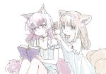  2girls alternate_costume alternate_hairstyle animal_ear_fluff animal_ears arknights bare_arms bare_shoulders blue_hairband book bow closed_mouth collarbone dress feet_out_of_frame fox_ears fox_girl fox_tail hair_brush hair_brushing hair_down hairband holding holding_book kitsune knees_up long_hair multiple_girls open_book purple_eyes purple_hair red_(girllove) shamare_(arknights) short_sleeves simple_background sleeveless sleeveless_dress smile strap_slip suzuran_(arknights) tail white_background white_bow white_dress 
