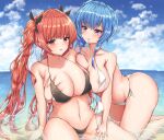  2girls areola_slip azur_lane beach bikini black_bikini blue_hair blue_sky breast_grab breasts cleavage day grabbing honolulu_(azur_lane) large_breasts long_hair multiple_girls navel ocean purple_eyes red_eyes red_hair ryakusun sky st._louis_(azur_lane) swimsuit twintails very_long_hair water white_bikini yuri 