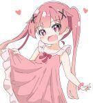  1girl :d bangs bare_shoulders blush bow collarbone commentary_request dress eyebrows_visible_through_hair fang frilled_dress frills hair_ornament head_tilt heart highres kapuru_0410 long_hair looking_at_viewer nightgown pink_dress pink_hair purple_eyes red_bow simple_background sleeveless sleeveless_dress smile solo tanemura_koyori twintails very_long_hair watashi_ni_tenshi_ga_maiorita! white_background x_hair_ornament 