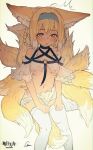  1girl ^^^ absurdres animal_ear_fluff animal_ears arknights bangs blonde_hair blue_hairband blush braid commentary_request dress eyebrows_visible_through_hair feet_out_of_frame fox_ears fox_girl fox_tail grscubes hair_between_eyes hair_rings hairband highres kyuubi looking_at_viewer multiple_tails nose_blush parted_lips signature sitting solo suzuran_(arknights) tail thighhighs torn_clothes torn_dress twin_braids white_dress white_legwear yellow_eyes 