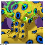  angry anthro blue-ringed_octopus cephalopod coleoid digital_media_(artwork) elicor glowing glowing_eyes green_eyes hand_on_head hudinart male marine markings mind_control mollusk ring_(marking) simple_background solo tentacles yellow_body yellow_skin 